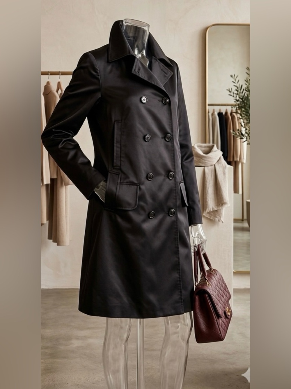 🆕 [DKNY] Black Nylon Trench Coat Double Breasted Sz: M